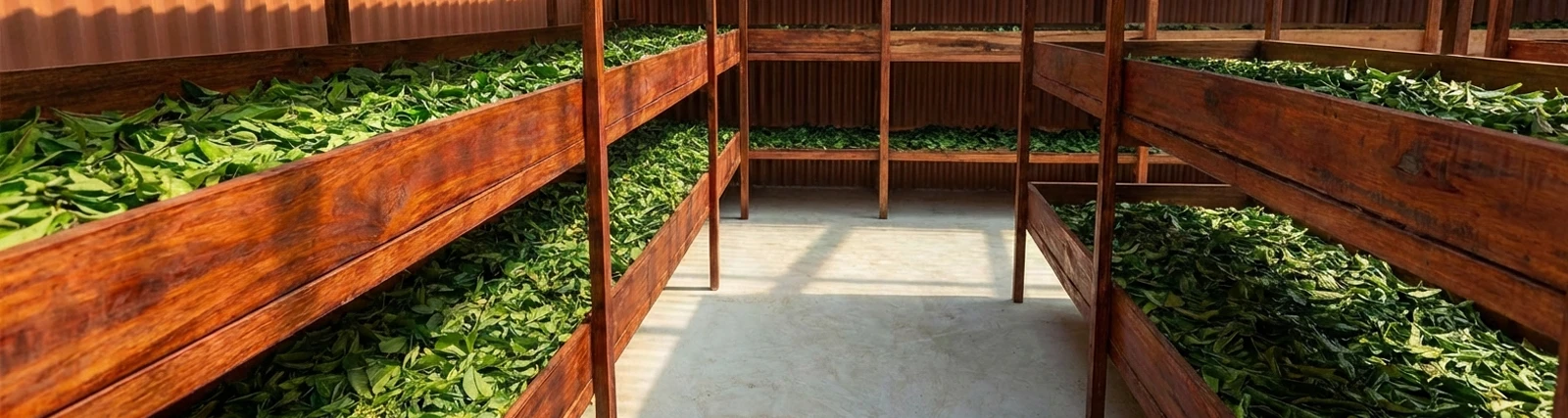 Drying racks inside the Kratom Factory facility, Putussibau