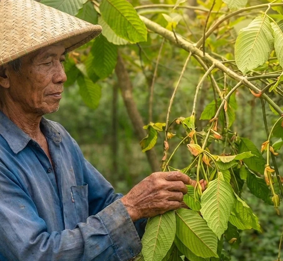 Hand harvesting kratom leaves